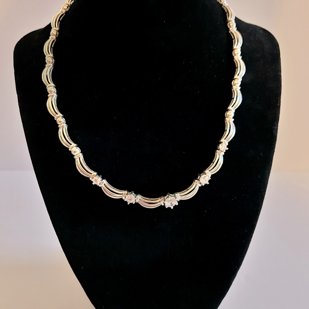 Vintage Designer Heng Ngai Cubic Zirconia 925 Silver Scalloped Necklace